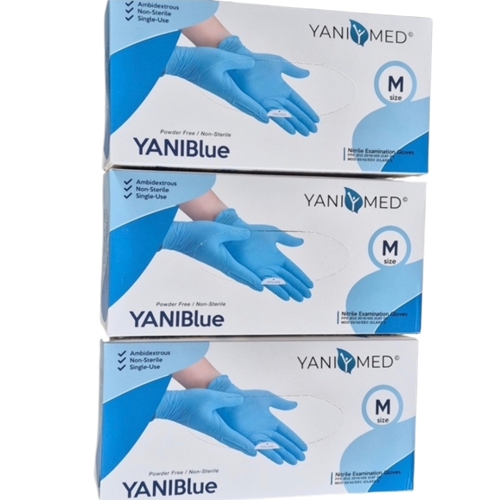 3 YANIBlue Salon Examination Essentials Blue Nitrile Gloves-100 Gloves(Med, Blue